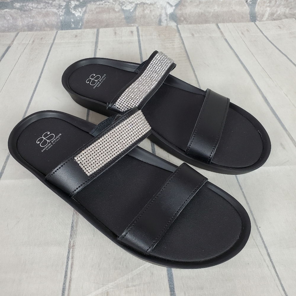 Andrew Stevens Leather Slides Crystal Embellished  Black Size 40 Italy